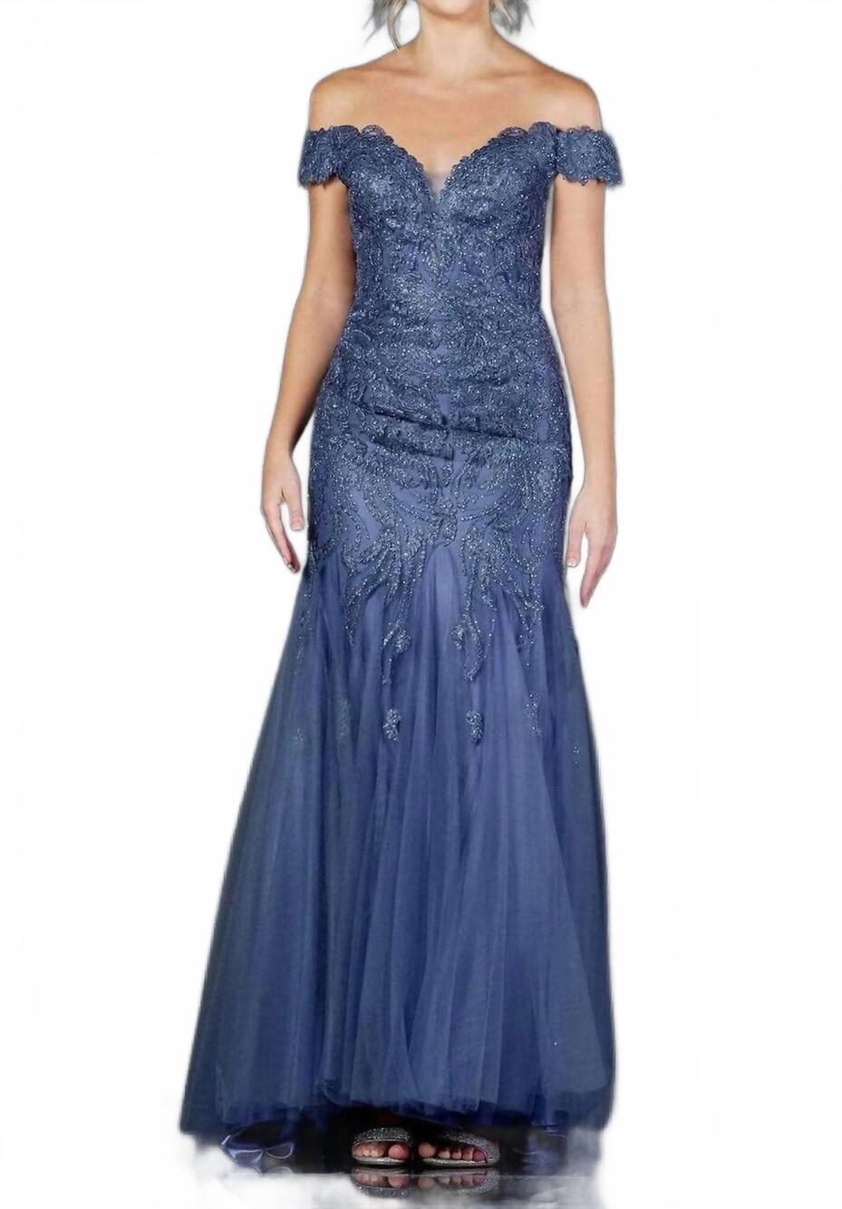 NEW ASPEED DESIGN off shoulder trumpet prom gown in slate blue